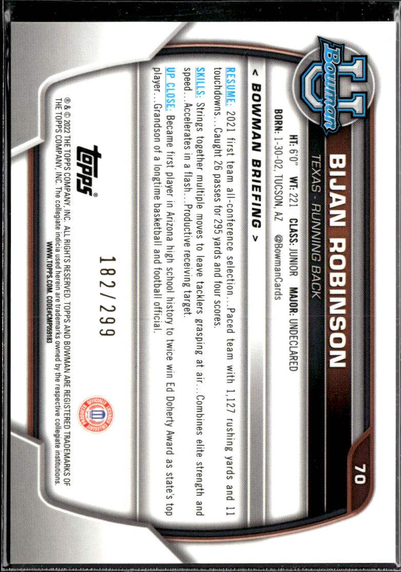 Bijan Robinson 2022 Bowman Chrome Aqua Wave RC /299 Texas Longhorns
