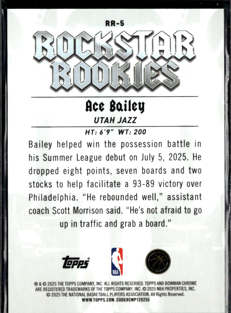Ace Bailey 2025 Bowman Chrome Rockstar Rookies RC 185/199 Utah Jazz