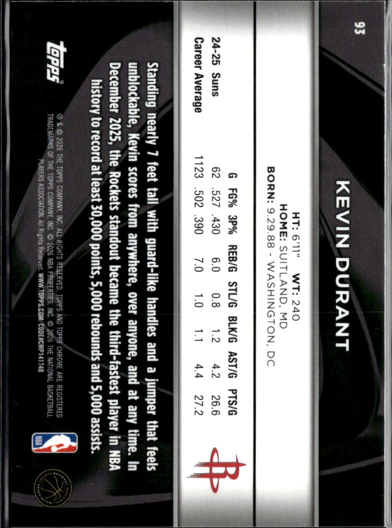 Kevin Durant 2026 Topps Chrome Black Wave Refractor 278/299 Houston Rockets