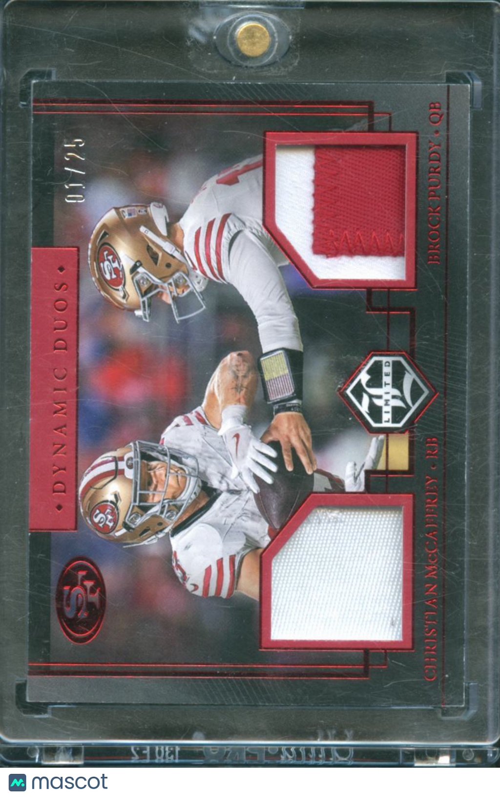 Christian McCaffrey Brock Purdy 2023 Limited Dual Jersey Patch 1/25 SF 49ers