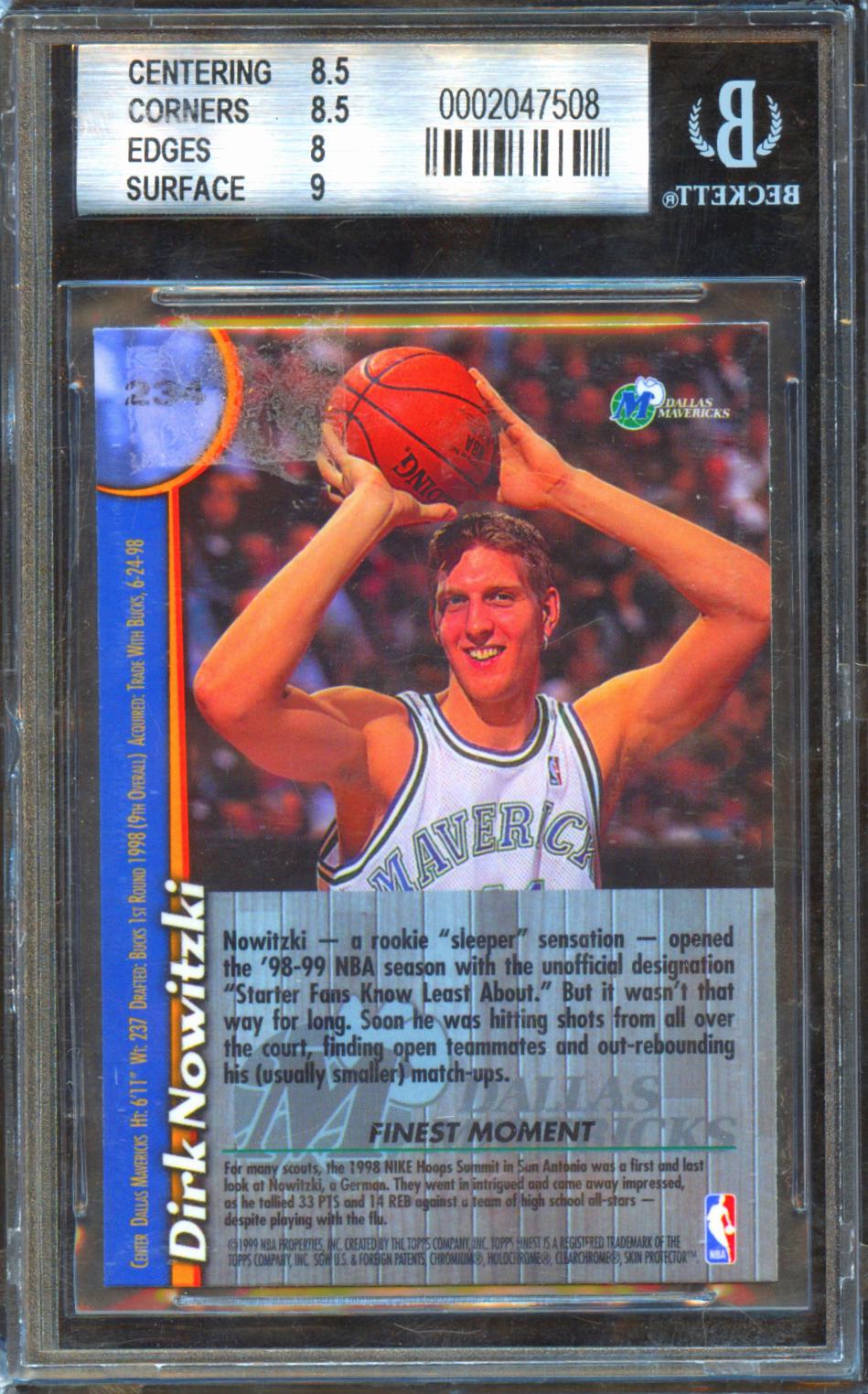 Dirk Nowitzki 1998-99 Topps Finest Rookie RC BGS 8.5 Dallas Mavericks