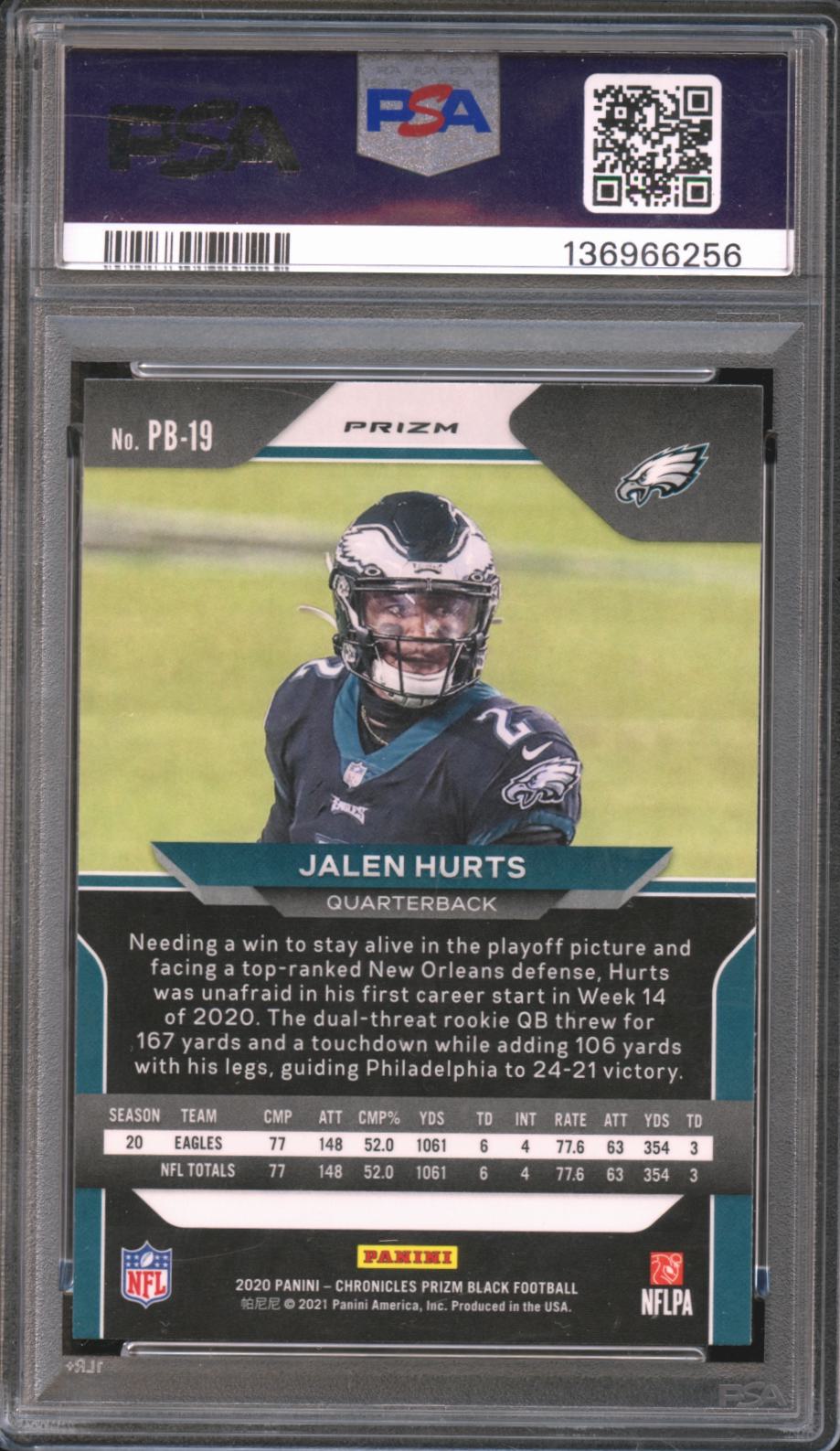 Jalen Hurts 2020 Prizm Black Silver Prizm Rookie RC Philadelphia Eagles PSA 9