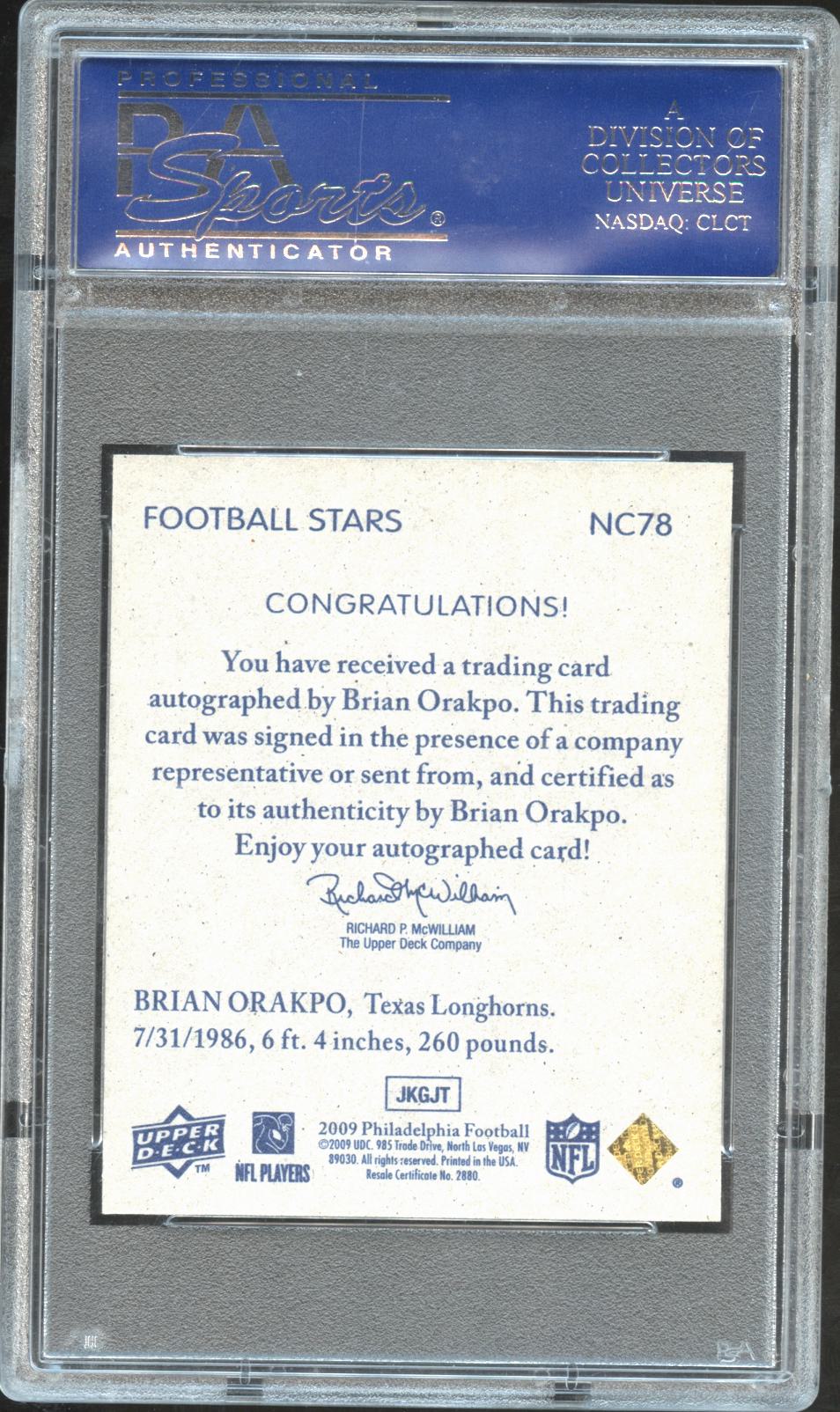 Brian Orakpo 2009 Philadelphia National Chicle Autograph RC Longhorns /100 PSA 9