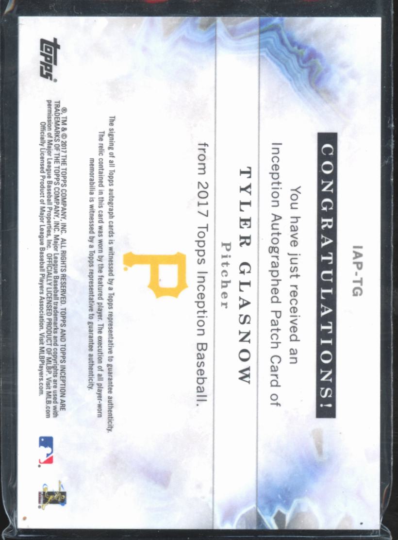 Tyler Glasnow 2017 Topps Inception Auto Autograph Patch RC 20/199 Pirates