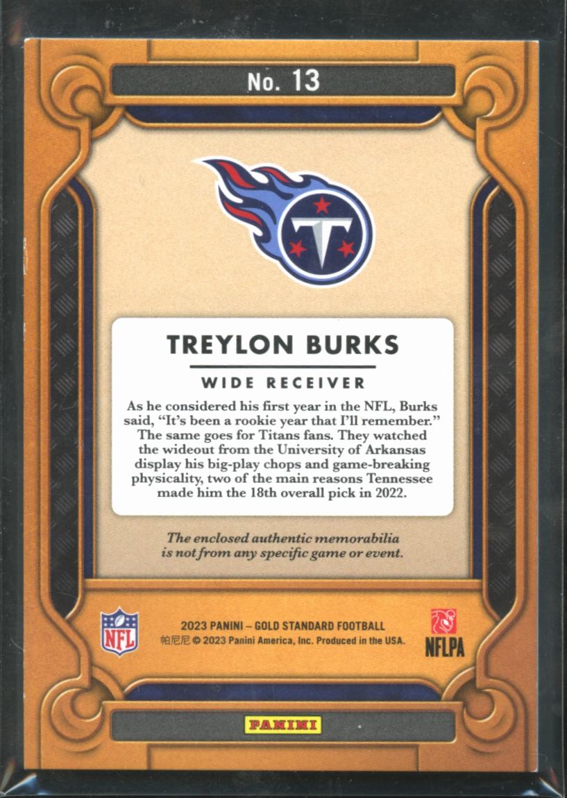 Treylon Burks 2023 Gold Standard Jersey Patch 16/49 Arkansas Tennessee Titans