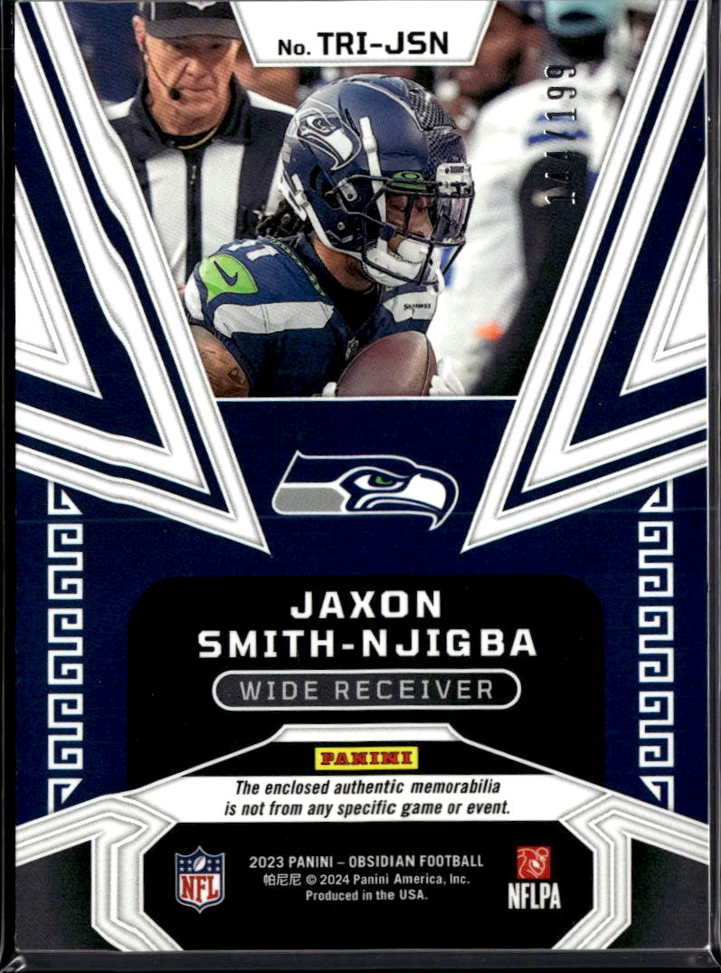Jaxon Smith-Njigba 2023 Obsidian Trifecta Jersey Patch RC /199 Seattle Seahawks