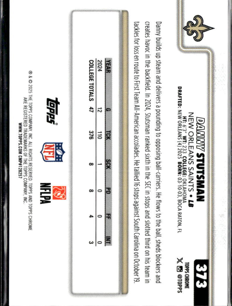 Danny Stutsman 2025 Topps Chrome Sapphire Orange RC 14/25 Sooners Saints