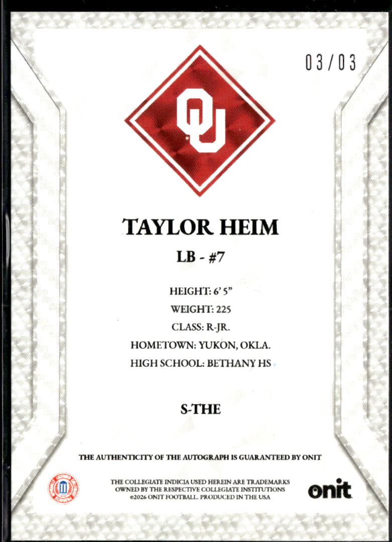 Taylor Heim 2026 Onit Signature Series Auto Autograph RC 3/3 Oklahoma Sooners
