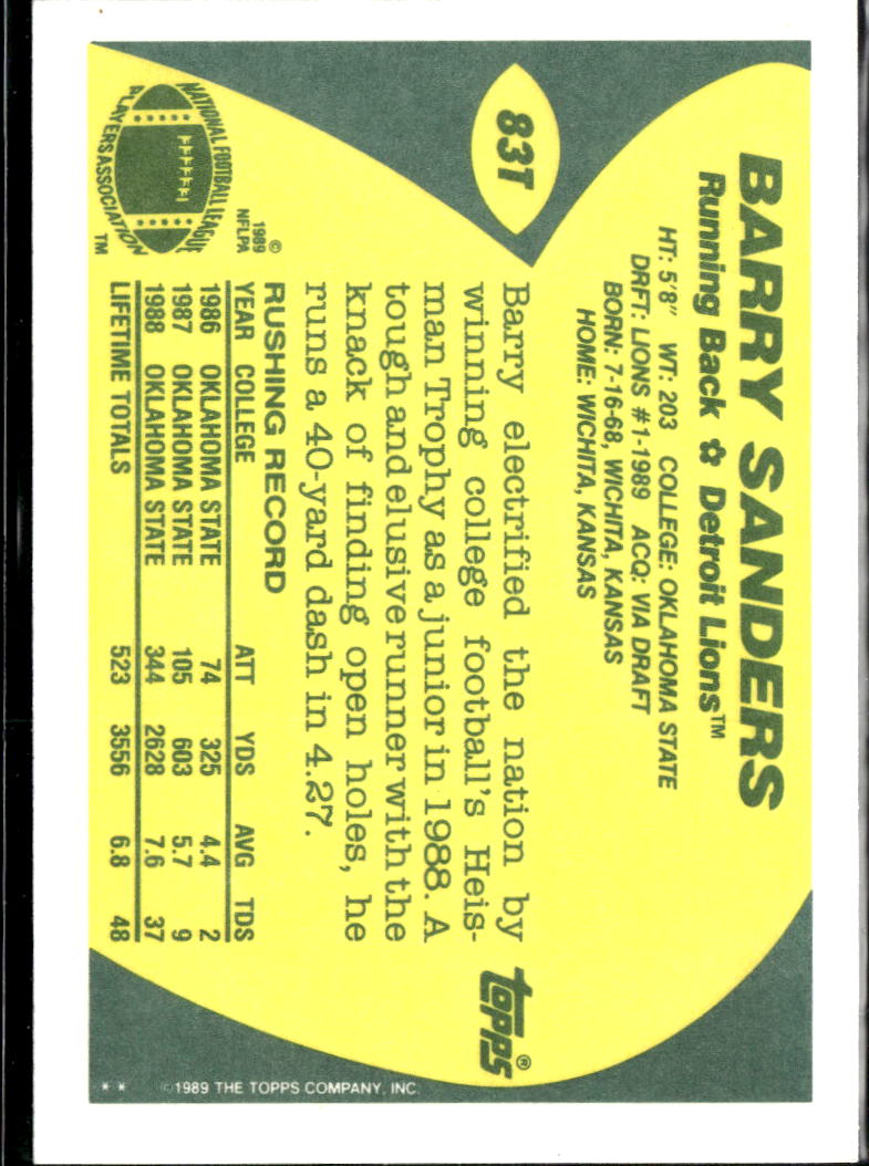 Barry Sanders 1989 Topps Traded Rookie Card RC #83T Detroit Lions