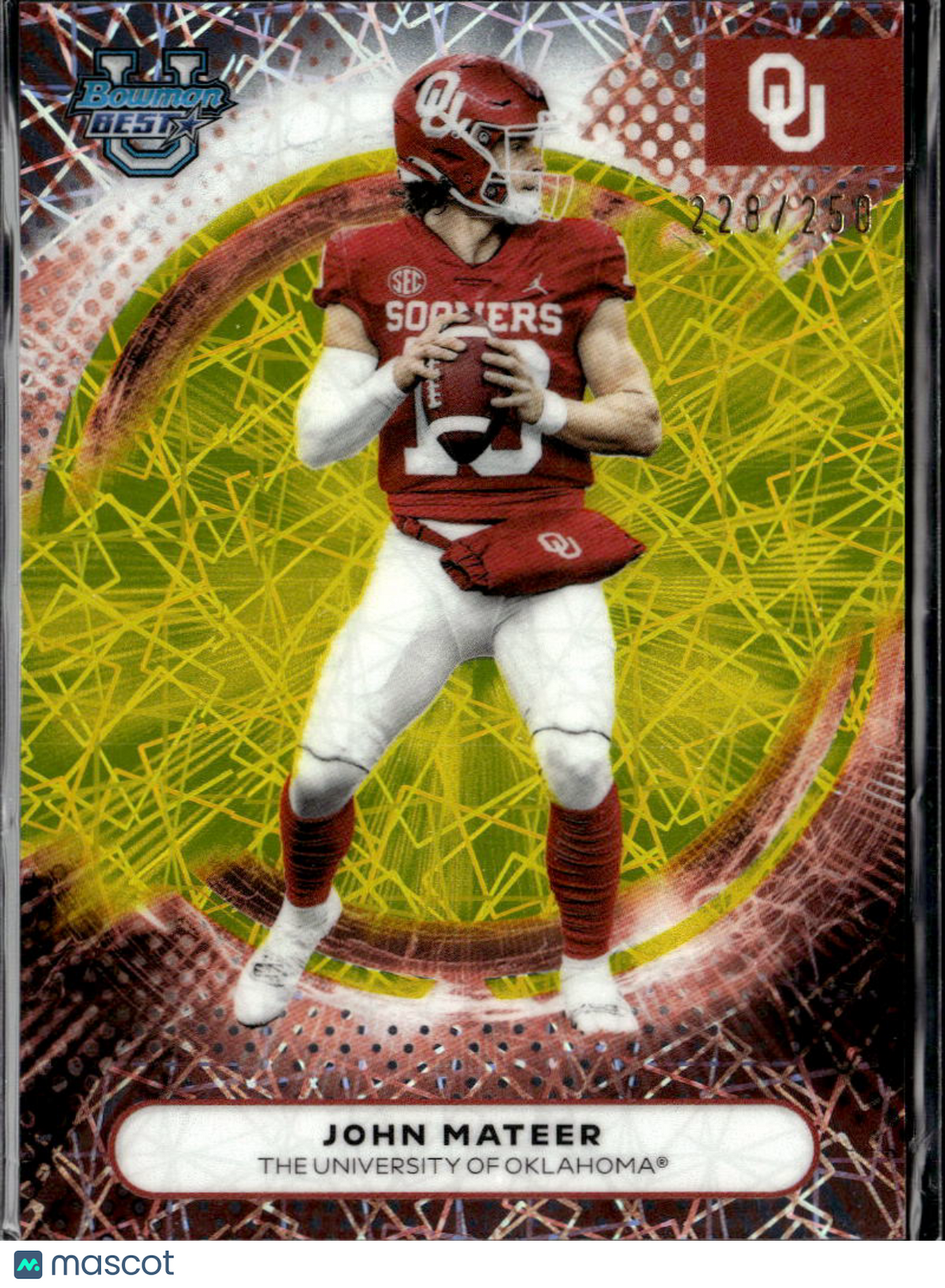 John Mateer 2025 Bowman's Best Yellow Refractor RC 228/250 Oklahoma Sooners