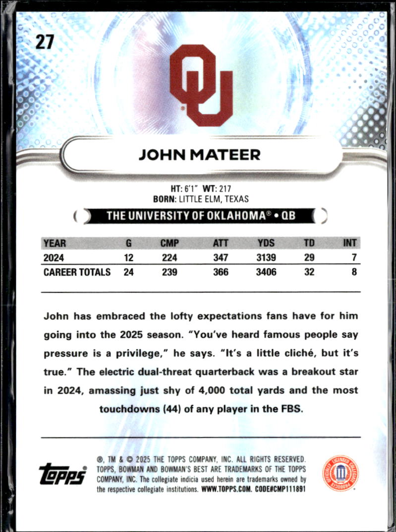John Mateer 2025 Bowman's Best Yellow Refractor RC 228/250 Oklahoma Sooners
