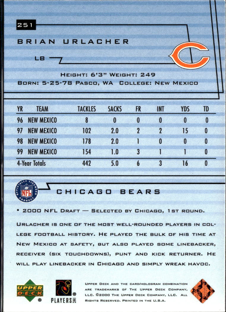 Brian Urlacher 2000 Upper Deck Rookie RC #251 Chicago Bears
