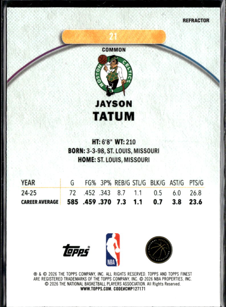 Jayson Tatum 2026 Topps Finest Refractor Boston Celtics