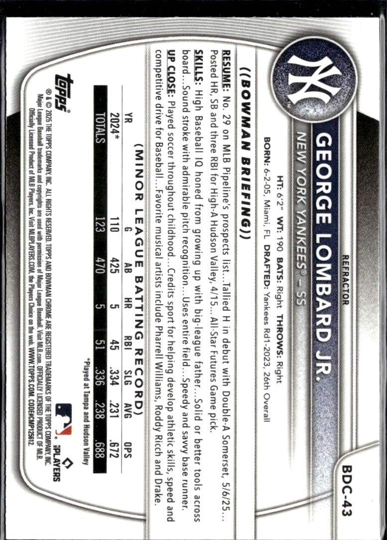 George Lombard Jr. 2025 Bowman Chrome Refractor New York Yankees