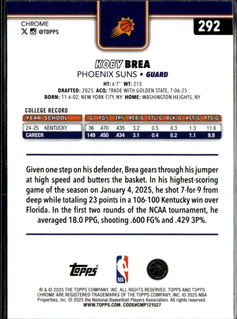 Koby Brea 2025 Topps Chrome RC Black & White Negative Refractor Phoenix Suns