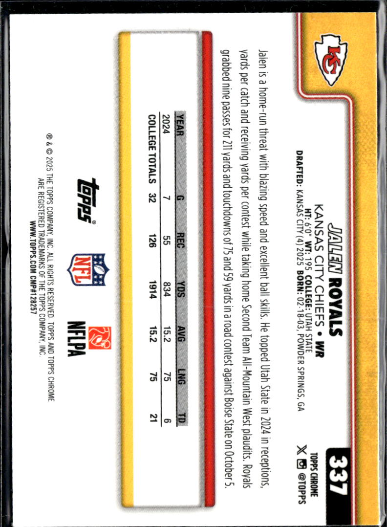 Jalen Royals 2025 Topps Chrome Pigskin Refractor Rookie RC Kansas City Chiefs