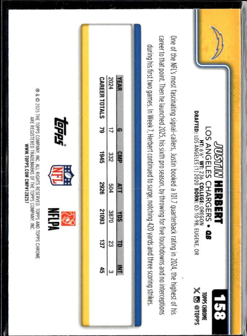 Justin Herbert 2025 Topps Chrome Pulsar Refractor Los Angeles Chargers