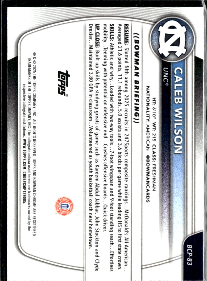 Caleb Wilson 2025 Bowman Chrome 1st Rookie RC North Carolina Tar Heels