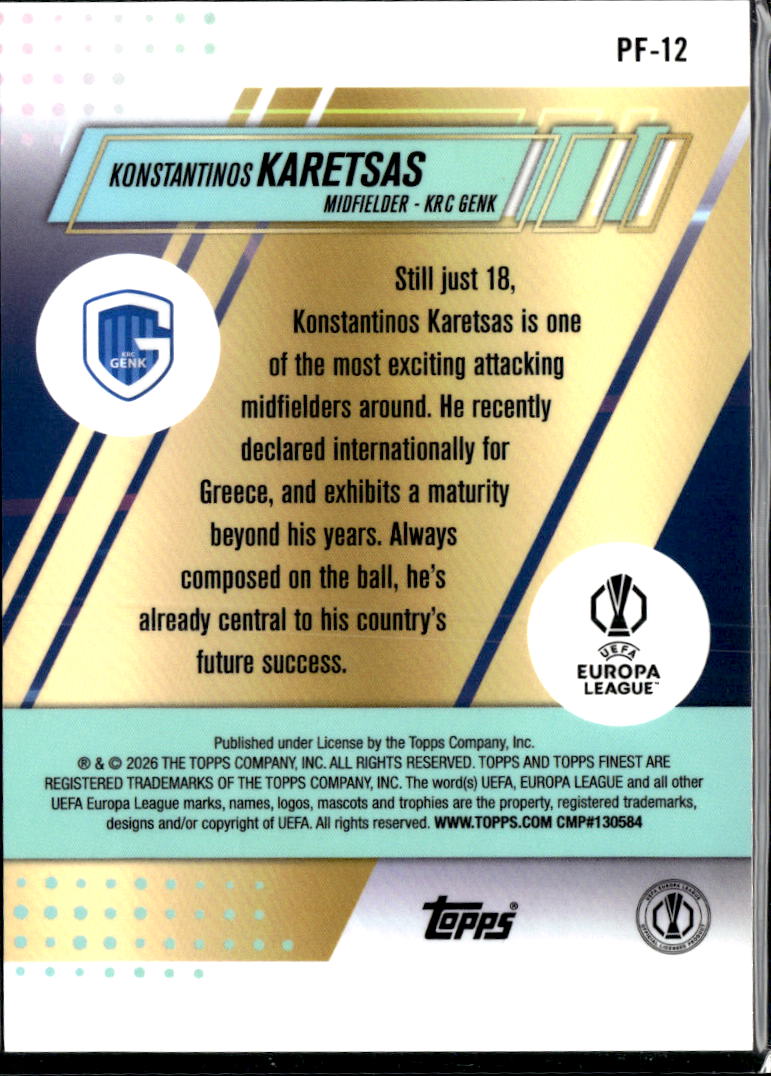 Konstantinos Karetsas 2024 Topps Finest Prized Footballers RC KRC Genk