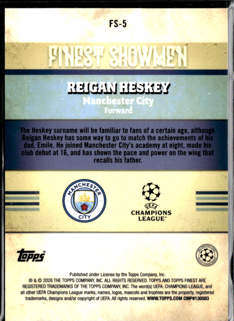 Reigan Heskey 2026 Topps Finest Finest Showmen RC Manchester City