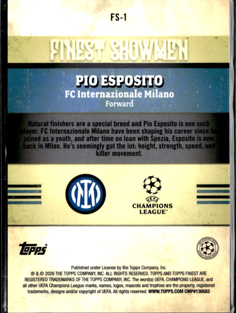 Pio Esposito 2026 Topps Finest Finest Showmen RC FC Internazionale Milano