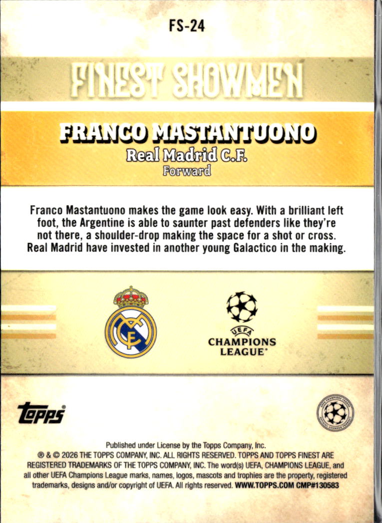 Franco Mastantuono 2026 Topps Finest Finest Showmen RC Real Madrid C.F.
