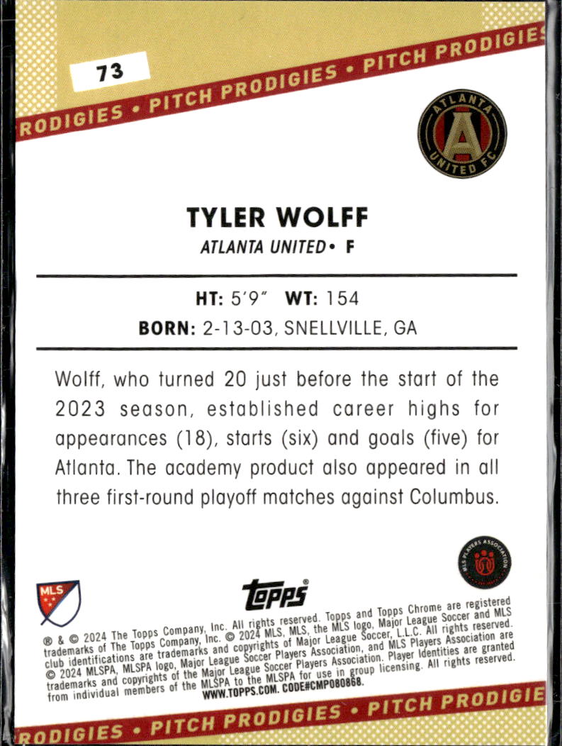 Tyler Wolff 2024 Topps Chrome MLS Pitch Prodigies RC Blue /150 Atlanta United FC