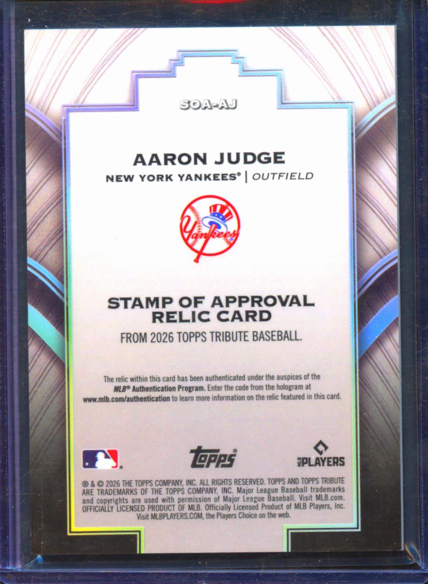 Aaron Judge 2026 Topps Tribute Game Worn Jersey Patch 56/150 New York Yankees