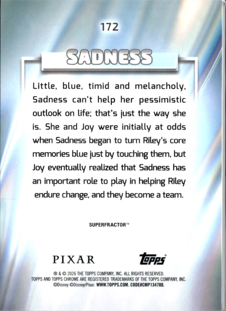 Sadness 2026 Topps Chrome Disney Pixar Superfractor 1/1 #172