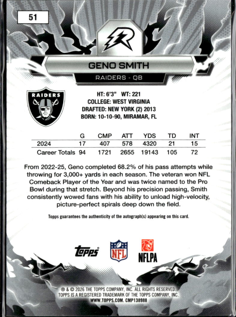 Geno Smith 2025 Topps Resurgence Auto Autograph GOLD 2/50 Las Vegas Raiders