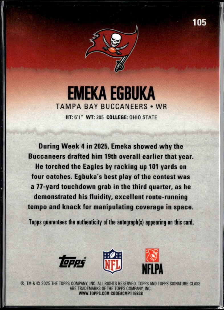 Emeka Egbuka 2025 Topps Signature Class Auto Autograph RC Tampa Bay Buccaneers
