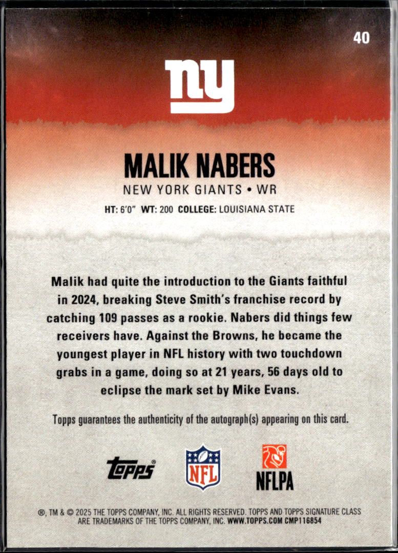 Malik Nabers 2025 Topps Signature Class Auto Autograph 98/225 New York Giants