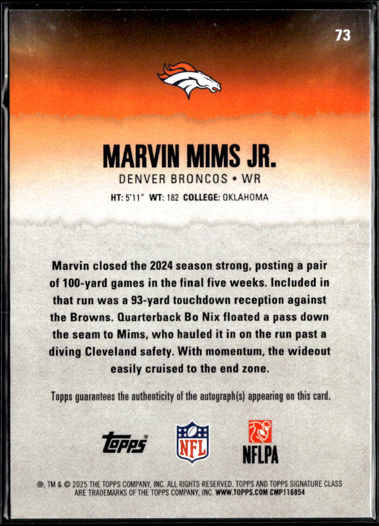 Marvin Mims Jr. 2025 Topps Signature Class Auto Autograph /225 Denver Broncos