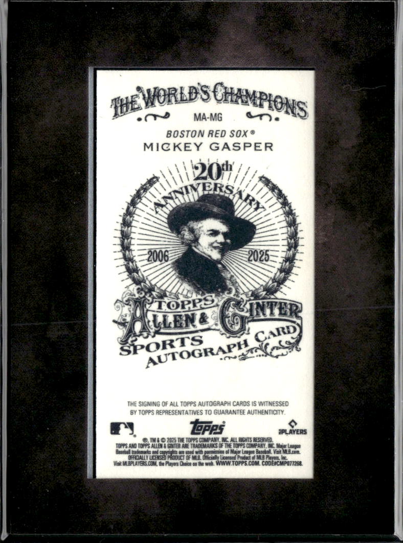 Mickey Gasper 2025 Topps Allen & Ginter Auto Autograph RC 20/25 Boston Red Sox
