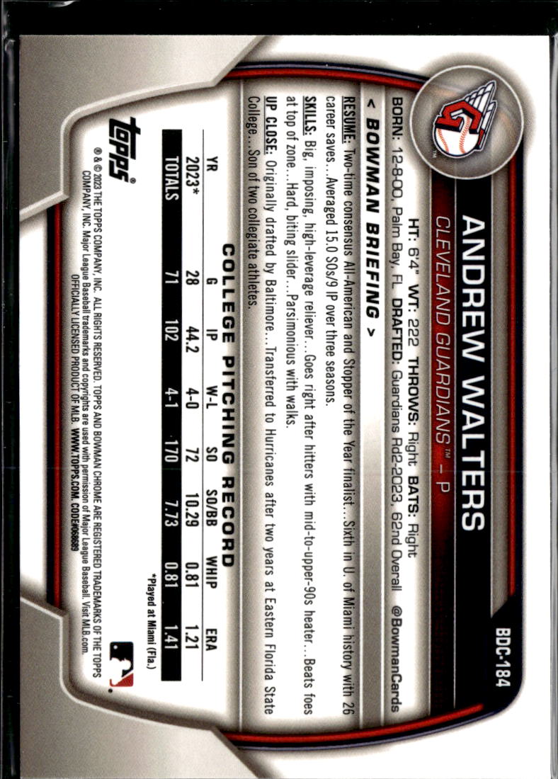 Andrew Walters 2023 Bowman Chrome 1st Sapphire Blue Cleveland Guardians