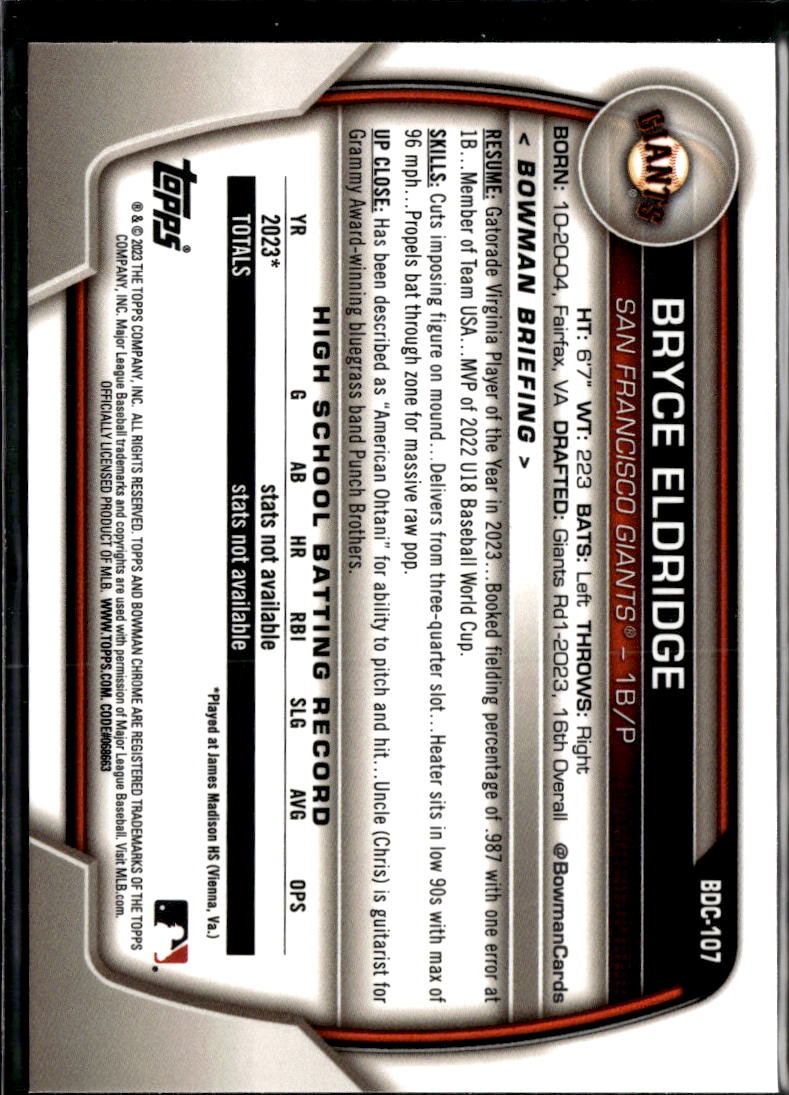 Bryce Eldridge 2023 Bowman Chrome 1st Sapphire Blue San Francisco Giants