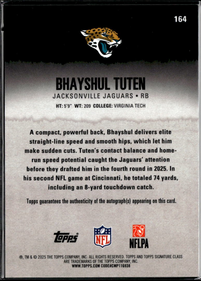 Bhayshul Tuten 2025 Topps Signature Class RC Auto Autograph 19/25 Jaguars