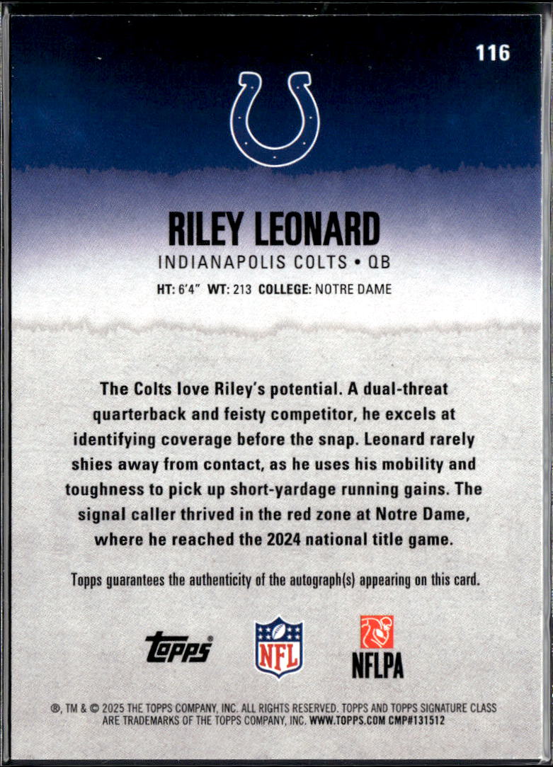 Riley Leonard 2025 Topps Signature Class Auto Autograph RC Indianapolis Colts