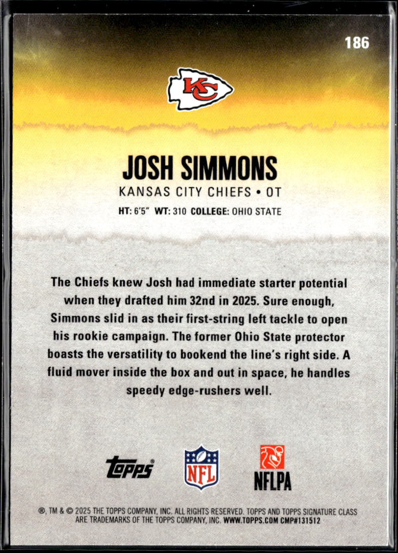Josh Simmons 2025 Topps Signature Class Red Rookie RC 6/25 Kansas City Chiefs