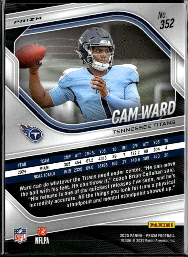 Cam Ward 2025 Panini Prizm Silver Prizm Rookie RC #352 Tennessee Titans