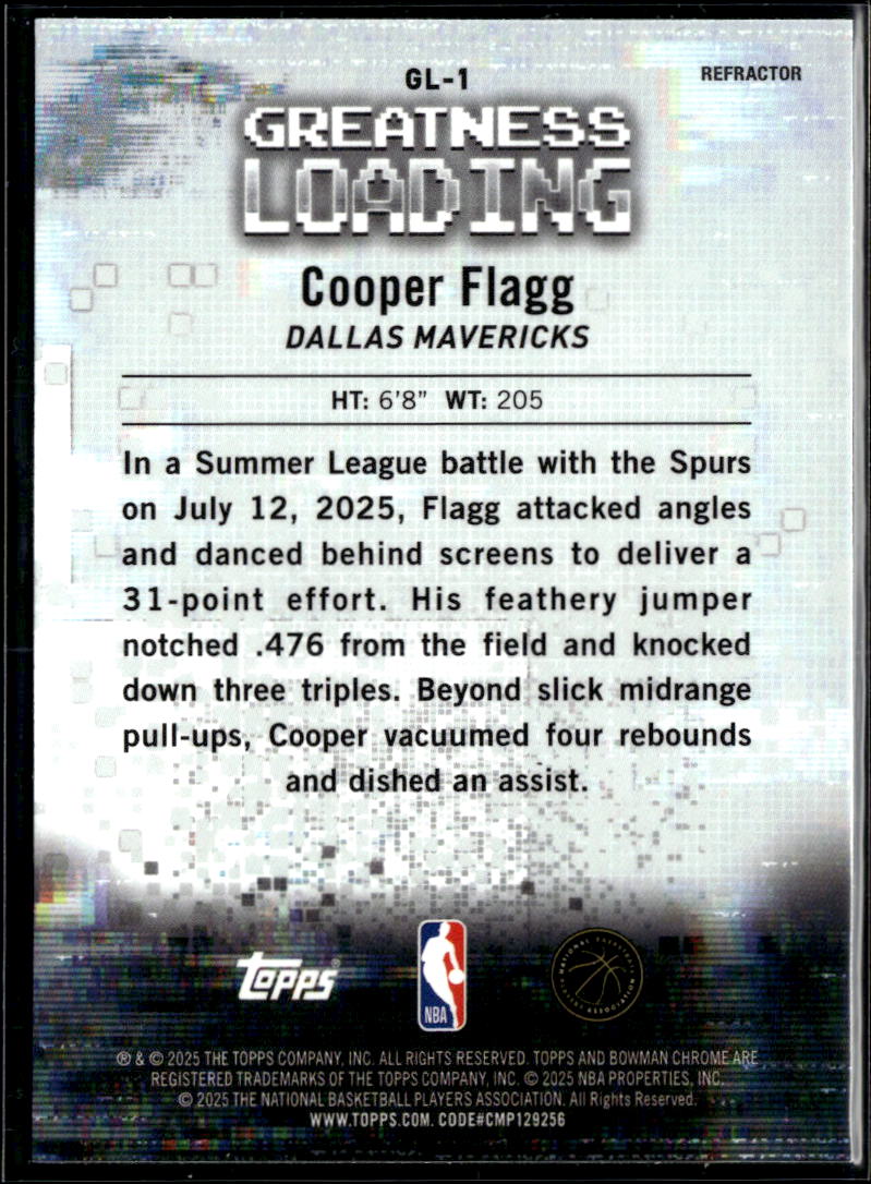 Cooper Flagg 2025 Bowman Chrome Greatness Loading Refractor RC Dallas Mavericks