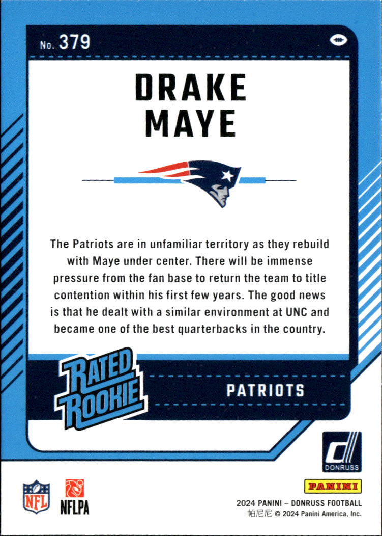 Drake Maye 2024 Donruss Rated Rookie Yellow Press Proof New England Patriots