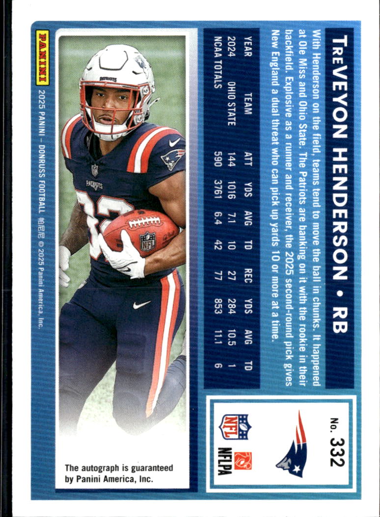 TreVeyon Henderson 2025 Donruss Auto Autograph Orange RC New England Patriots