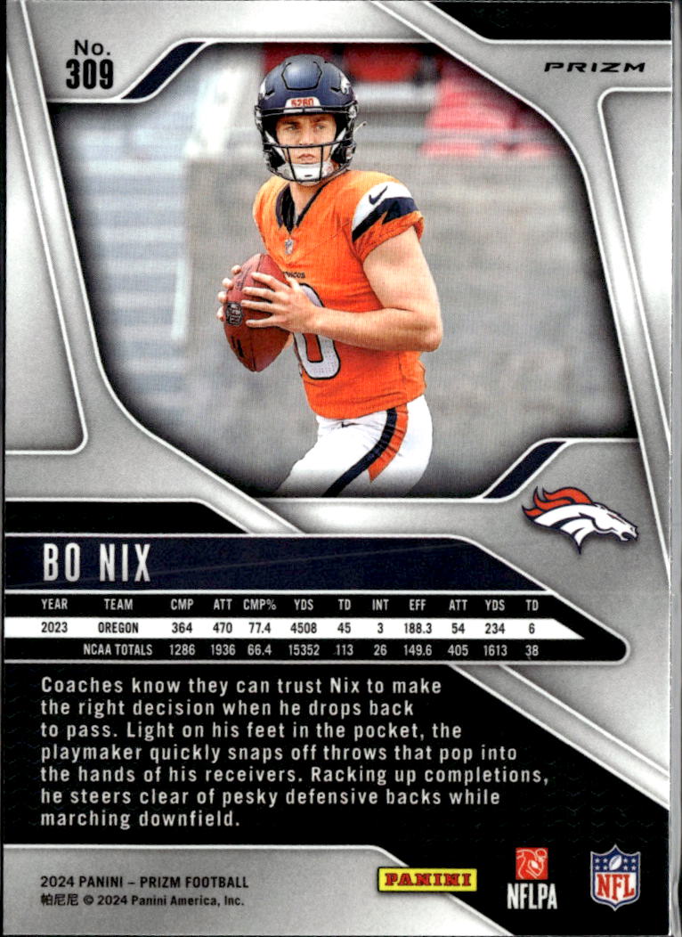 Bo Nix 2024 Panini Prizm Green Wave Rookie RC Denver Broncos