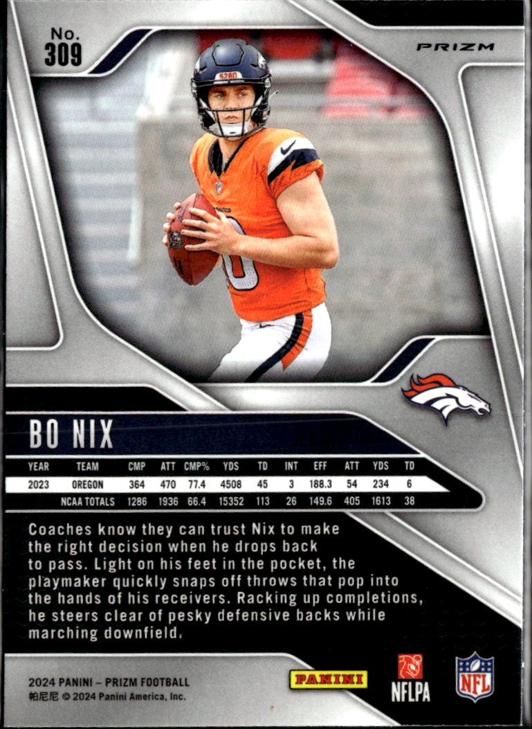 Bo Nix 2024 Panini Prizm Orange Lazer Rookie RC Denver Broncos