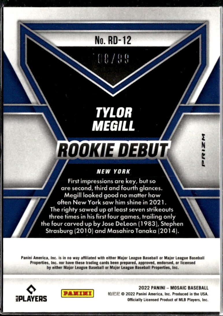 Tylor Megill 2022 Mosaic RC Rookie Yellow 8/99 New York Mets