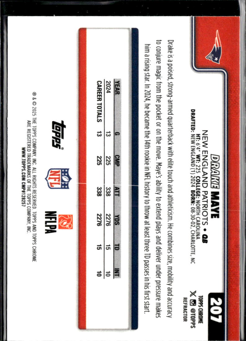 Drake Maye 2025 Topps Chrome Refractor New England Patriots