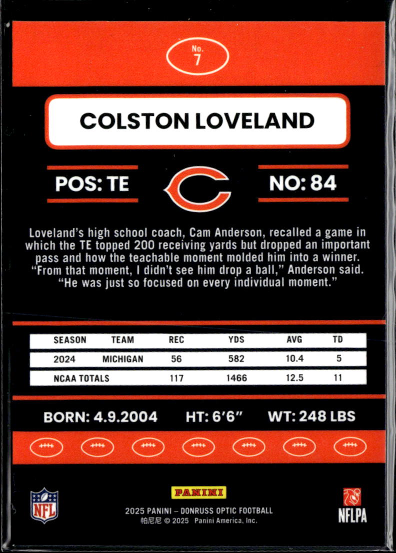 Colston Loveland 2025 Optic Retro Rookie RC Chicago Bears