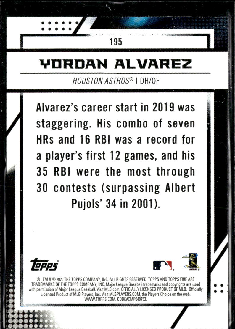 Yordan Alvarez 2020 Topps Fire Rookie RC Houston Astros