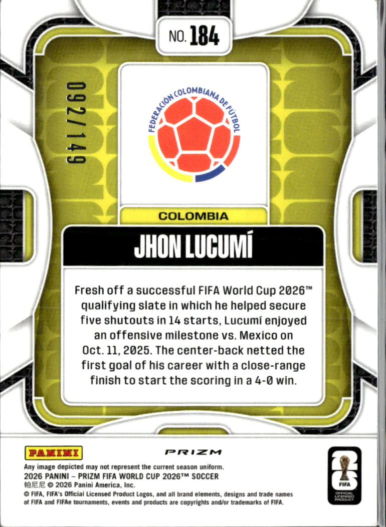 Jhon Lucumí 2026 Panini Prizm FIFA World Cup 92/149 Colombia